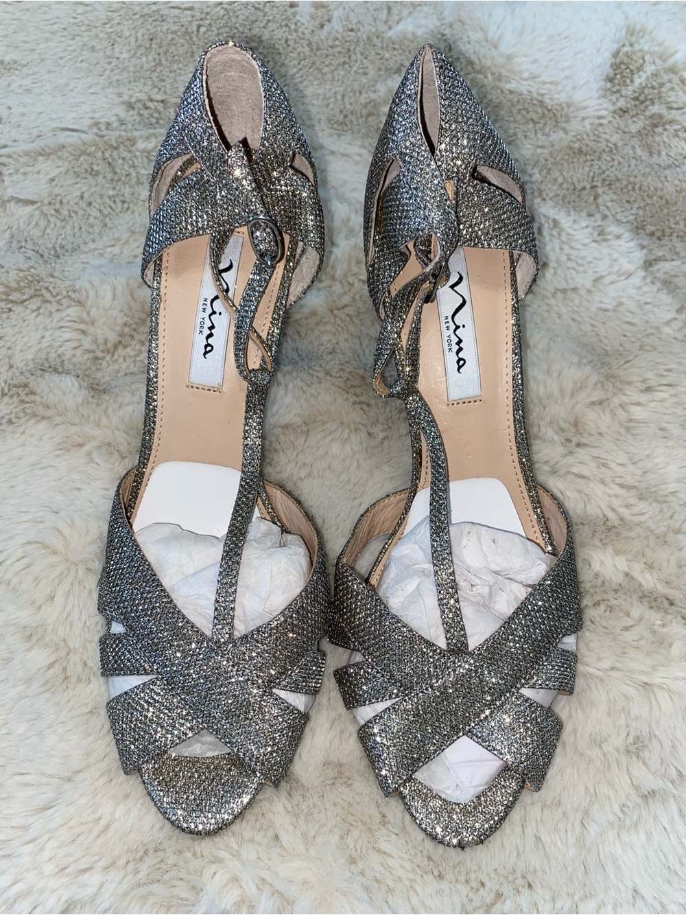 Nina Silver Glitter T-Strap Heels